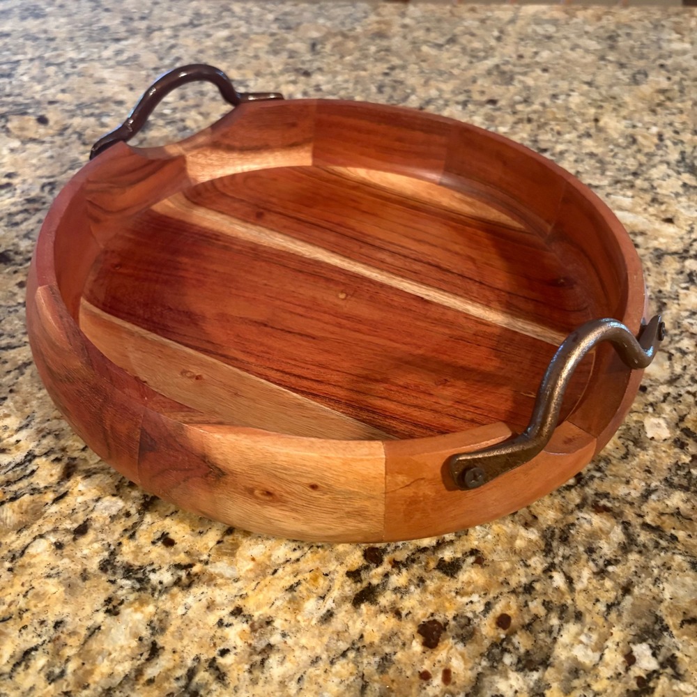 VTG Acacia Wood Serving Tray Bronze Metal Handles Rustic Farmhouse Centerpiece